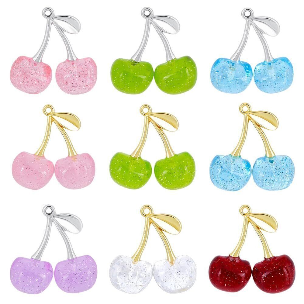 9689 6 Colors Cherry Charms, 9pcs Transparent Resin Cherry Pendants Fruit